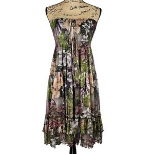 Gorgeous Lapis Smocked Floral Maxi Dress/Skirt Tiered Ruffled Boho‎ Festival S.